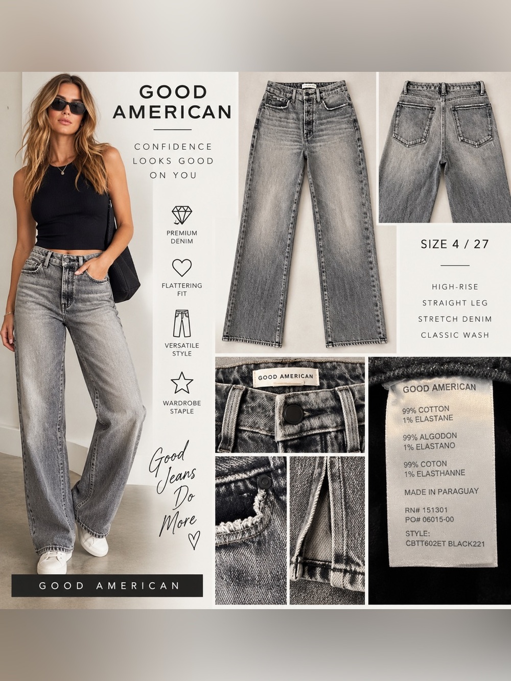 Good American Black Gray Wash High Rise Straight Leg Jeans Women’s 4 / 27